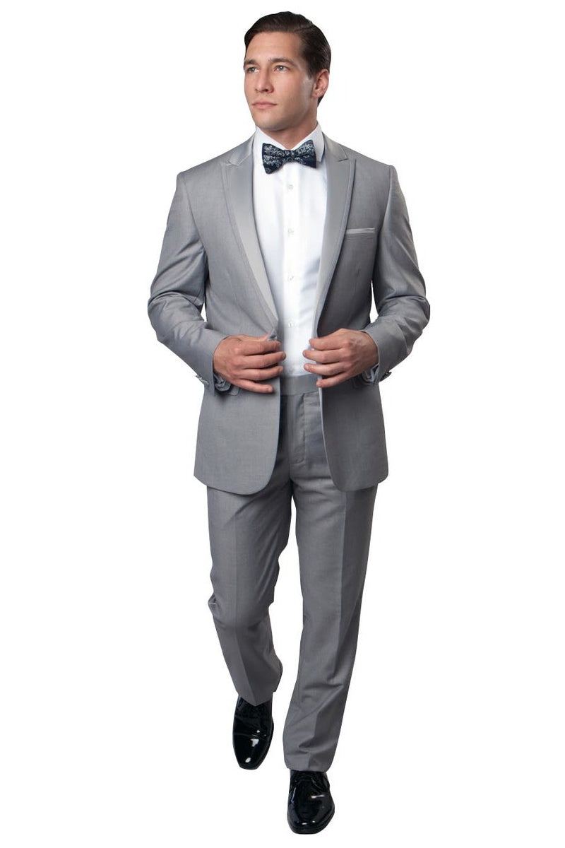 Men’s Slim Fit One Button Satin Trim Peak Lapel Prom & Wedding Tuxedo in Light Grey