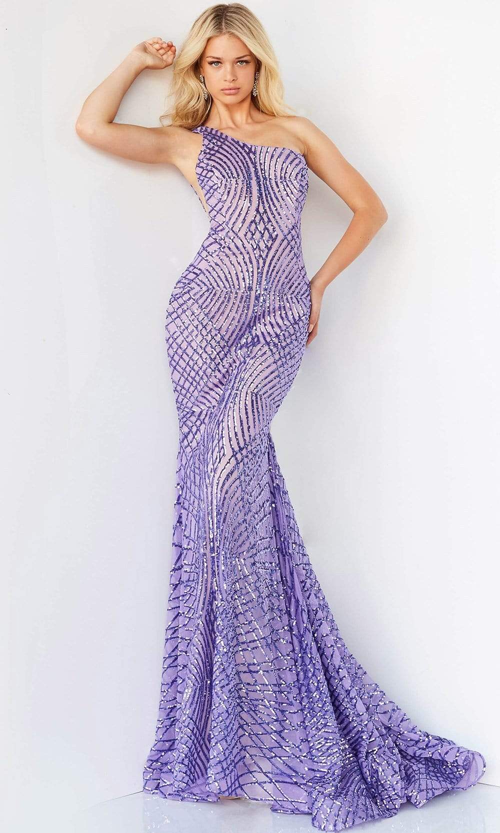 06517 One Shoulder Sequin Embellished Prom Dress