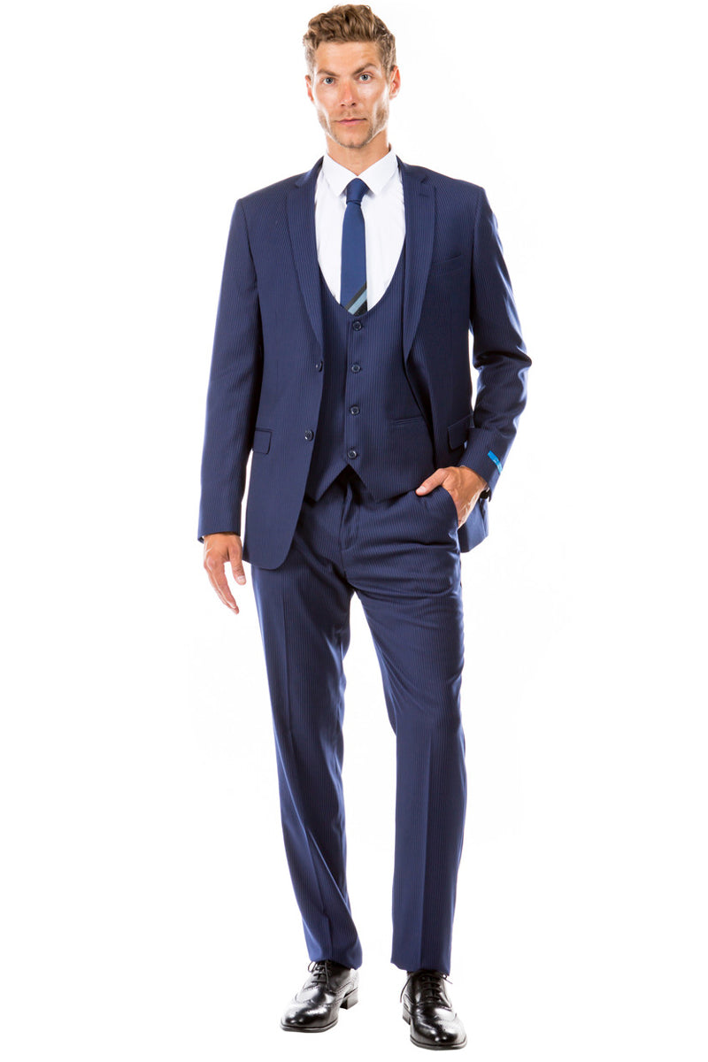 Men’s Two Button Vested Hybrid Fit Micro Mini Pinstripe Business Suit in Navy Blue