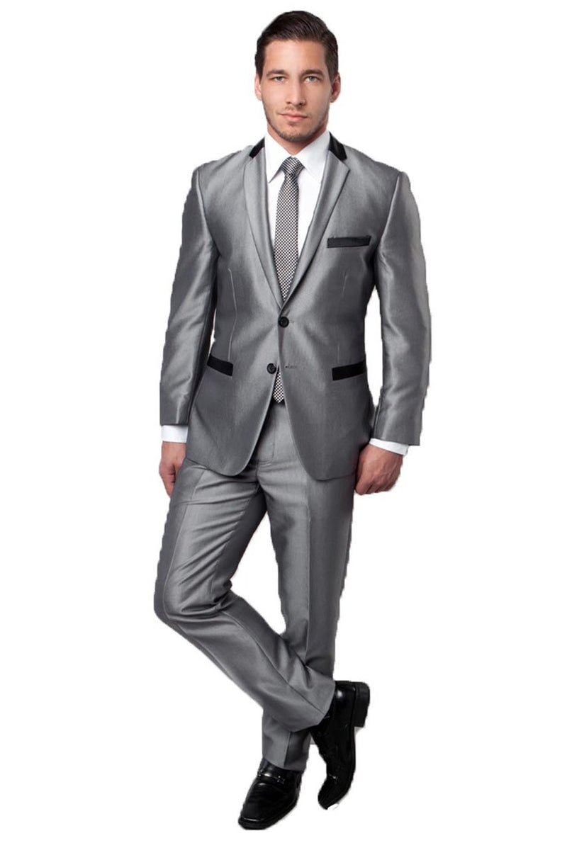 Men’s Two Button Slim Fit Shiny Sharkskin Suit in Silver Grey with Contrast Collar and Trim