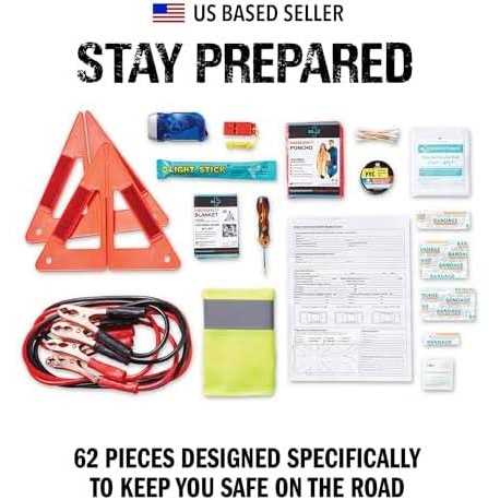 Always Prepared Standard Roadside Emergency Car Kit – with Jumper Cables – All-in-one Auto Safety and First Aid Kit – Travel Safety