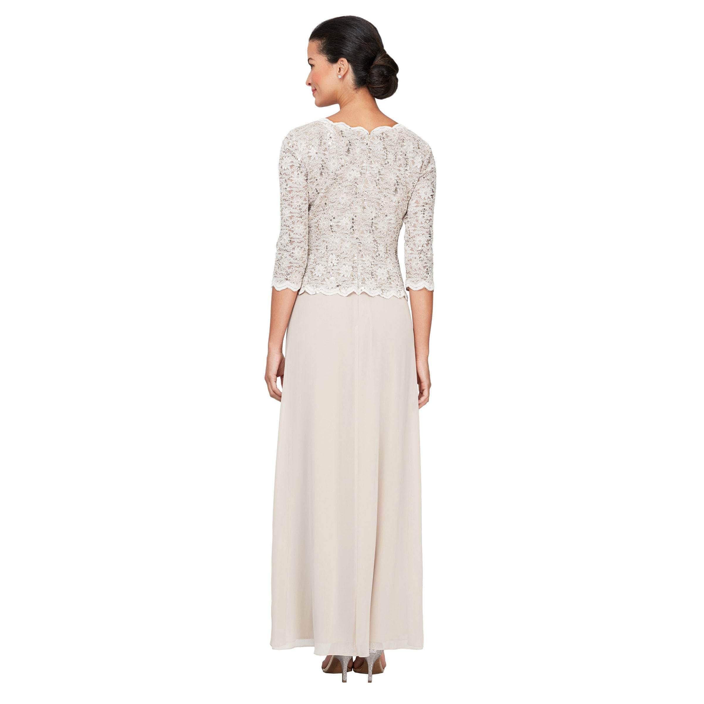 212318 Quarter Sleeve Sparkly Lace and Chiffon Dress