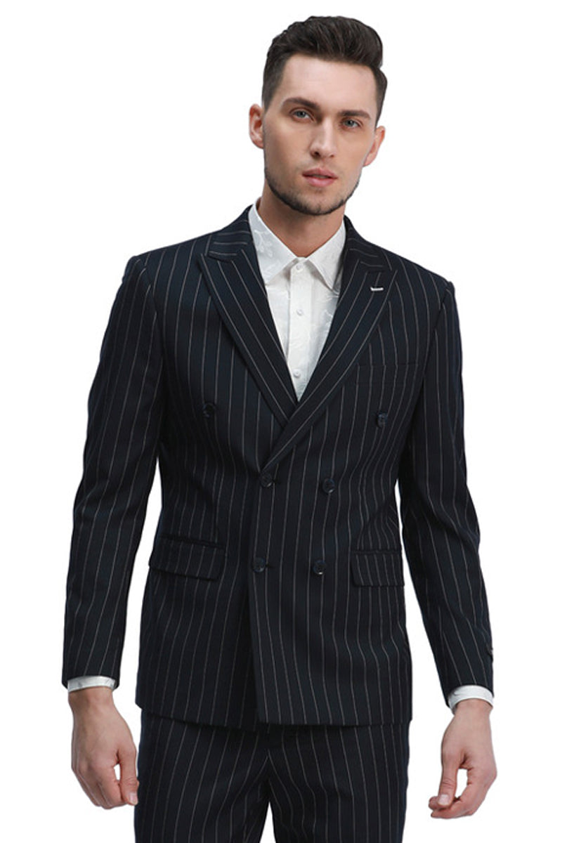 Men’s Slim Fit Double Breasted Bold Gangster Pinstripe Suit in Black