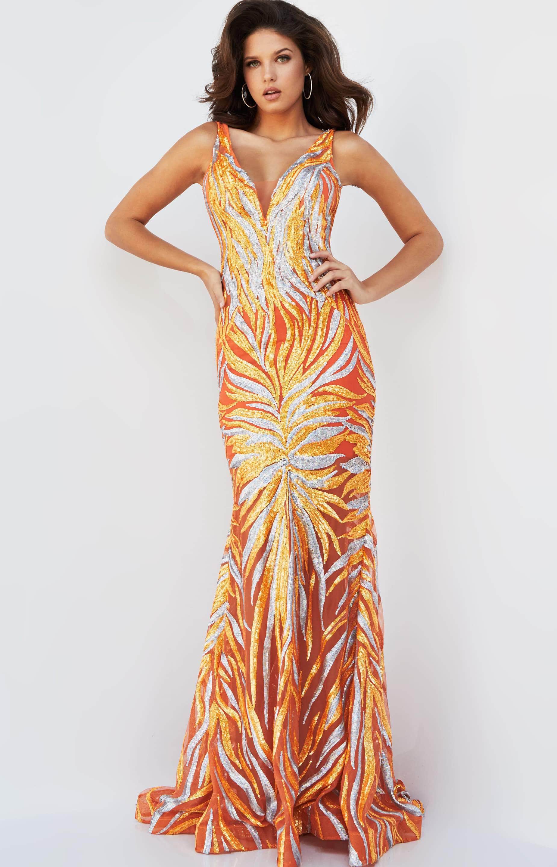 06153 Sequin Plunging V Neck Trumpet Dress