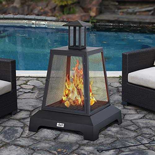 BALI OUTDOORS Chimenea Fireplace Outdoor Fireplace Fire Pit Wood Burning Fire Pit Patio Square Iron Fire Pit 27.5 Large Fire Pits Fire Poker Mesh Spark Screen