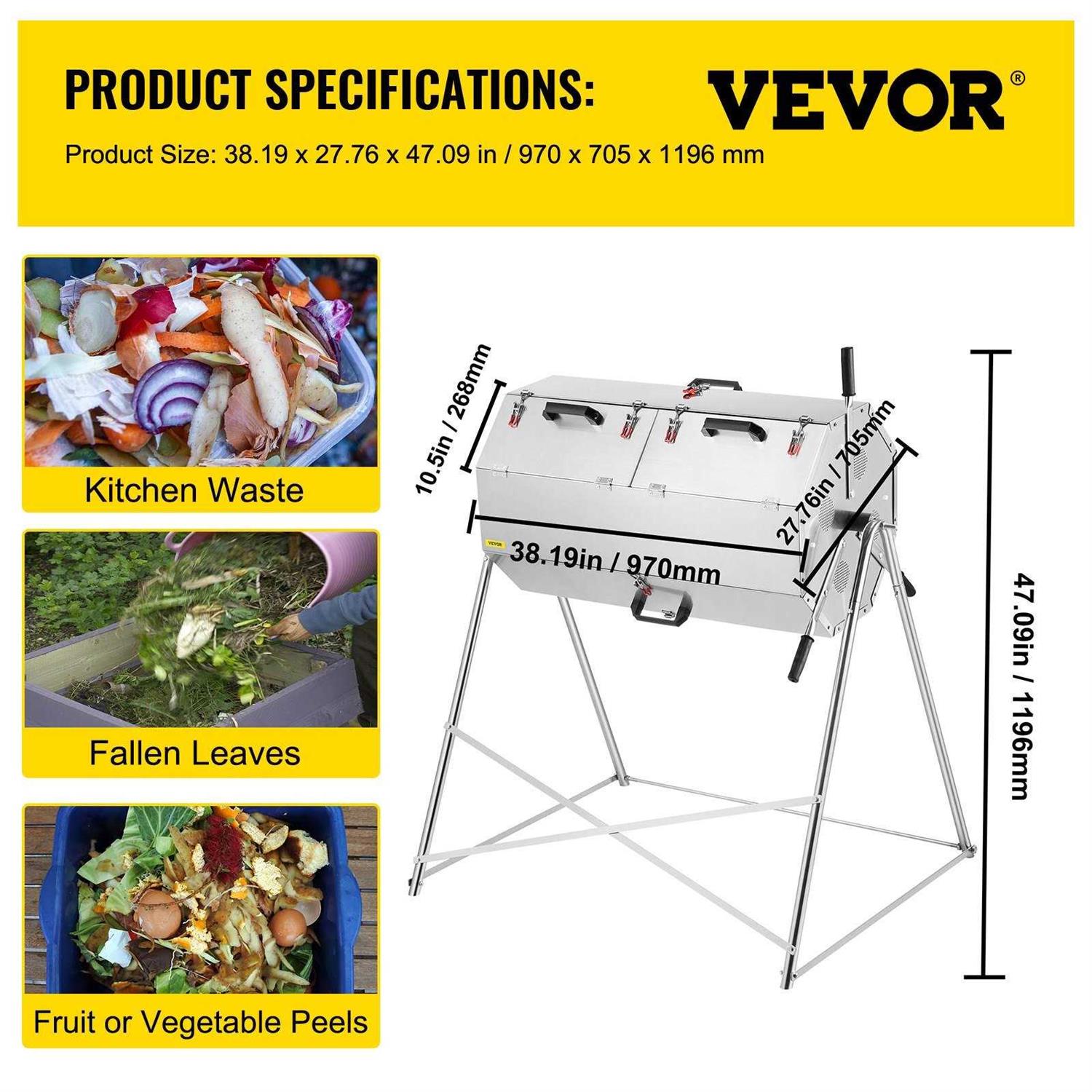 VEVOR Compost Tumbler Rustproof Stainless Steel Dual-Chamber Garden Composter Heavy-Duty All-Season Outdoor Compost Bin