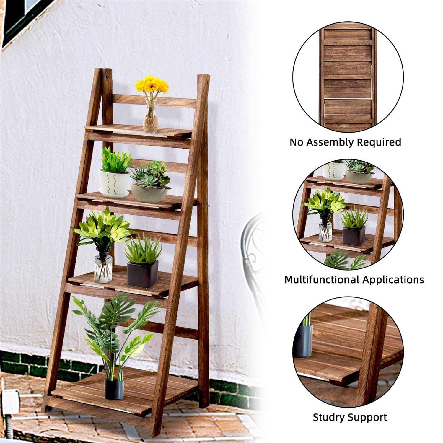Babion 4-tier Ladder Shelf Plant Shelf Ladder Shelves Brown Shelf Stable Wooden Shelf Freestanding Flower Stand Indoor Flowerpot