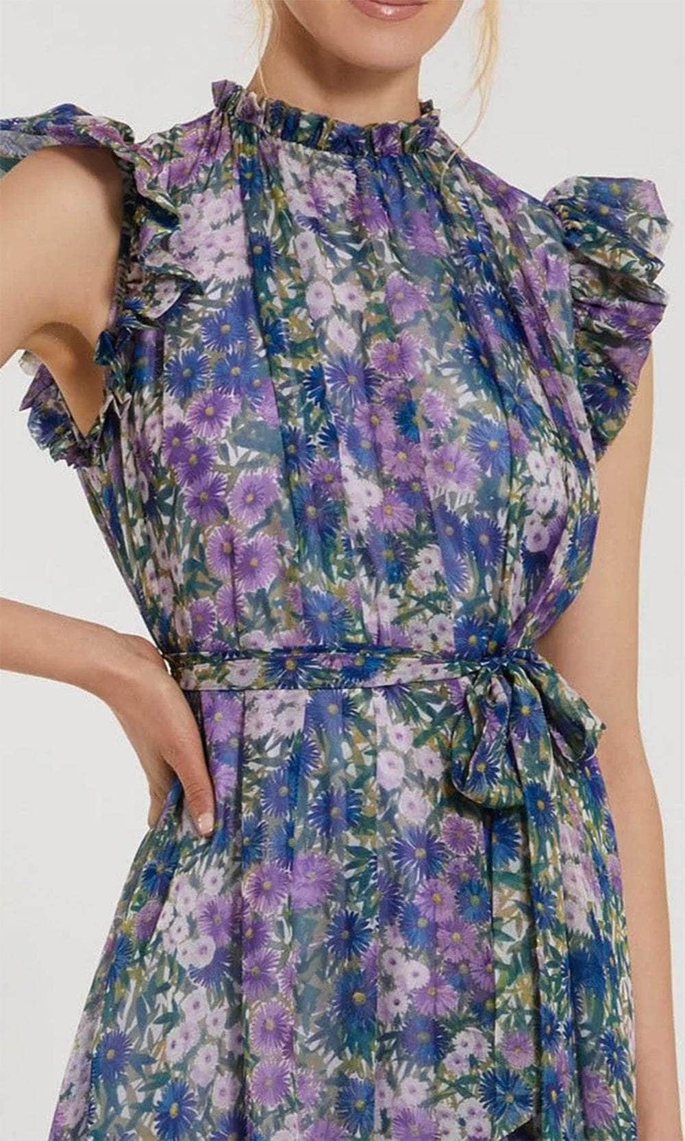 Printed Floral Design Mock Neck Prom Gown