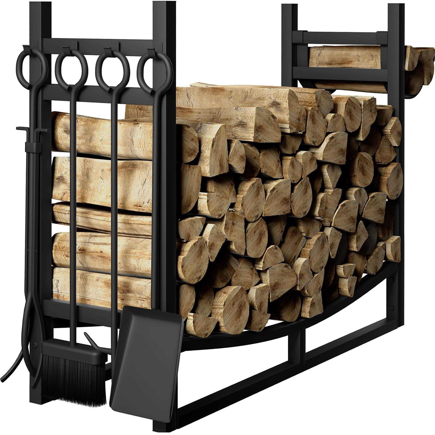 Amagabeli Large Firewood Rack With Fireplace Tools Set 33.5 Inch Wood Rack Wrought Iron Indoor Outdoor Kindling Log Holder Heavy Duty Wide Wood