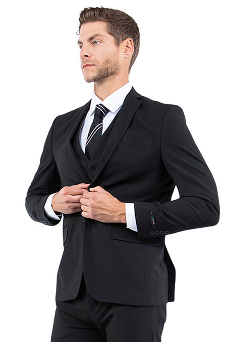Men’s One Button Vested Slim Fit Business & Wedding Suit in Black