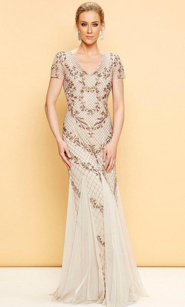 AP1E201532 Short Sleeve Beaded Mermaid Gown