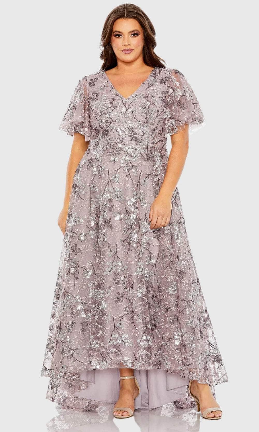 V-Neck Short Flutter Sleeve Evening Gown