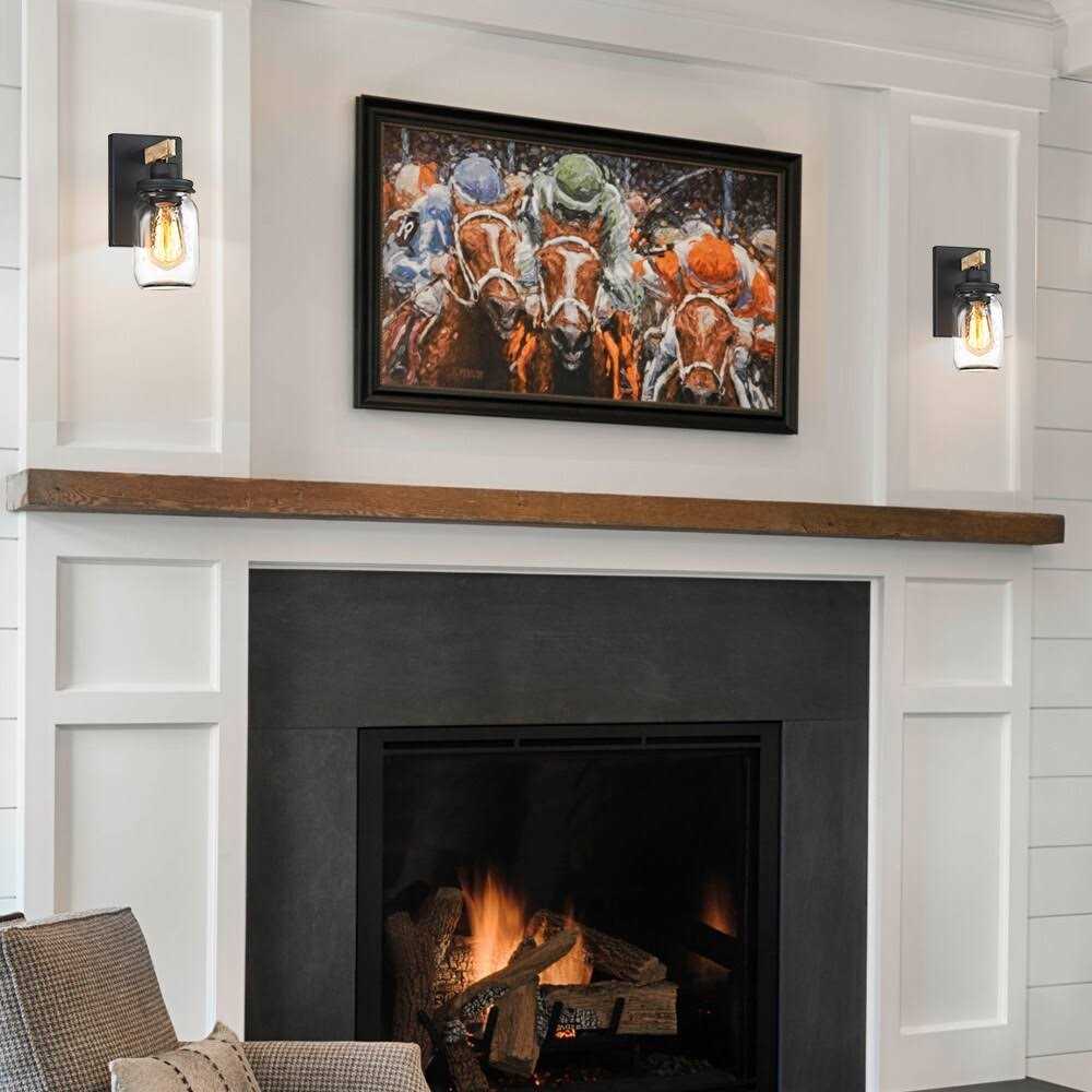 True Fine 1-Light Black/Wood Tone Rustic Farmhouse Wall Sconce with Clear Mason Jar Glass Shade