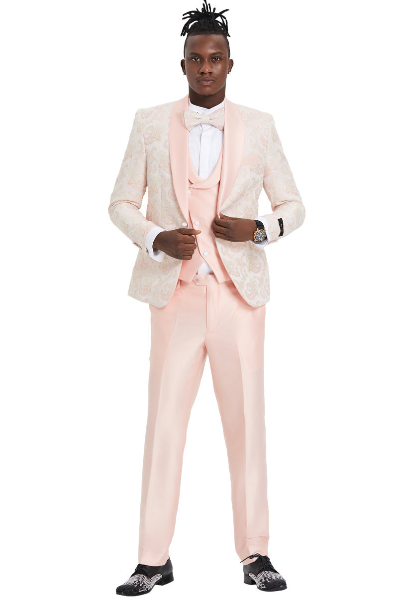 Men’s One Button Vested Shawl Lapel Prom Tuxedo in Embossed Pink Paisley