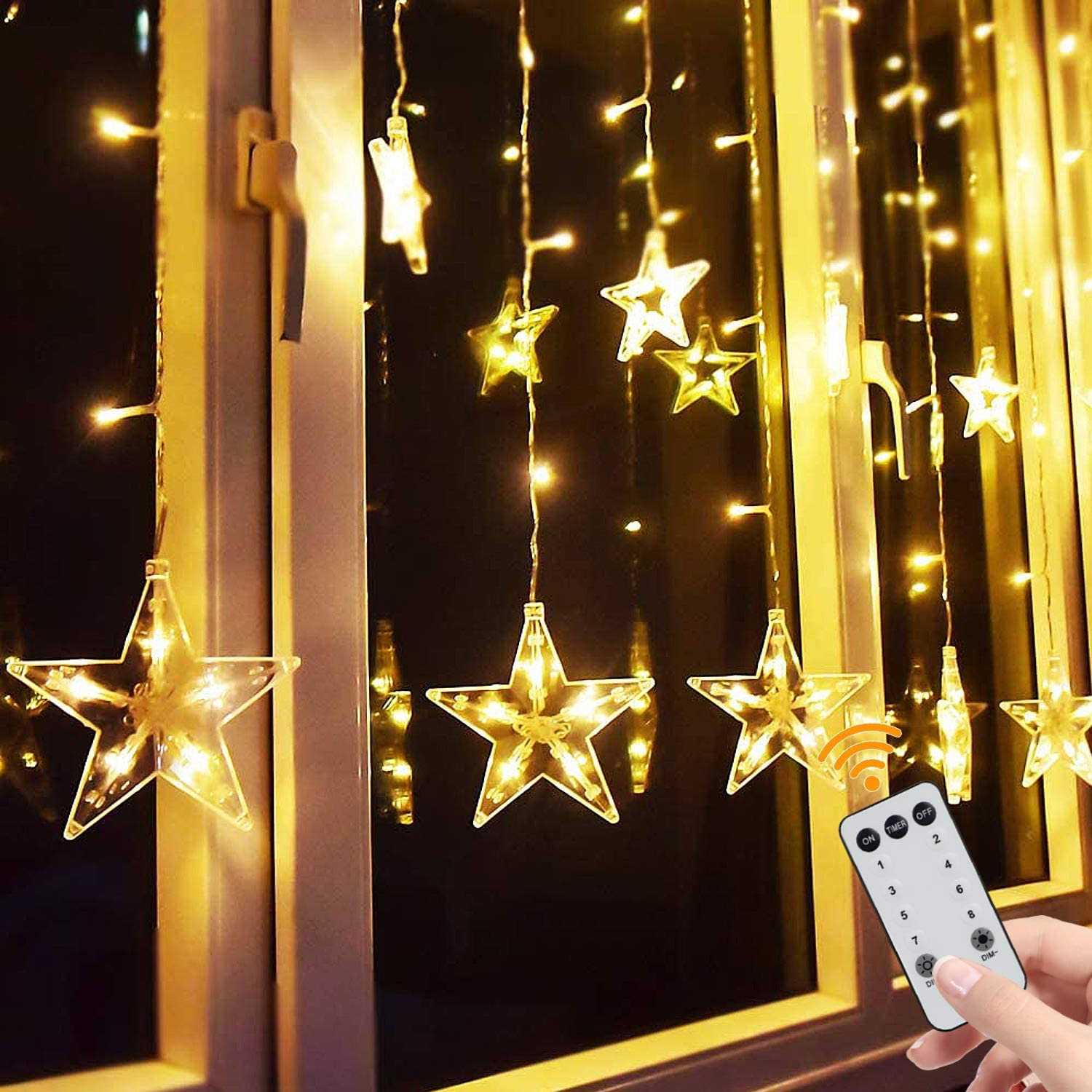 Tofu Star Curtain Lights 138 Led 12 Stars Remote Window Curtain String Lights Plug In With 8 Flashing Modes Decoration For Christmas