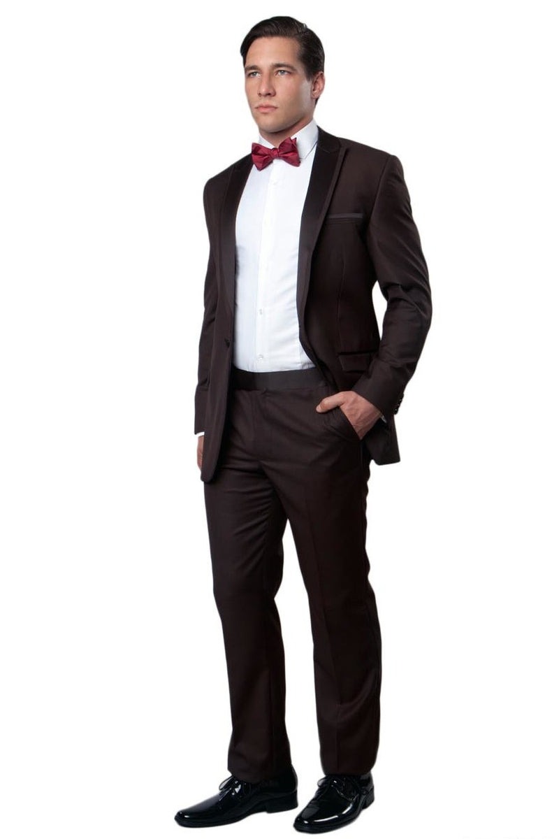 Men’s Slim Fit One Button Satin Trim Peak Lapel Prom & Wedding Tuxedo in Brown