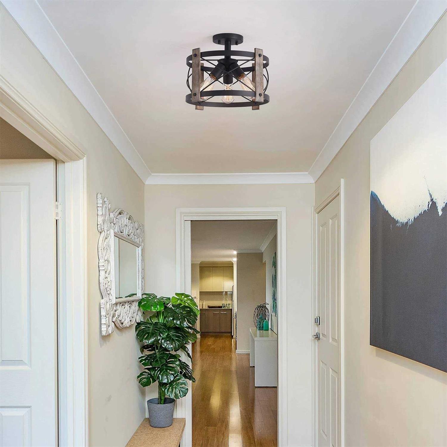 Bargeni Flush Mount Ceiling Light Fixture,13-inch Rustic Matte Black Finish,3-Light Farmhouse Light Fixtures for Living Room,Kitchen,Bedroom,Dining