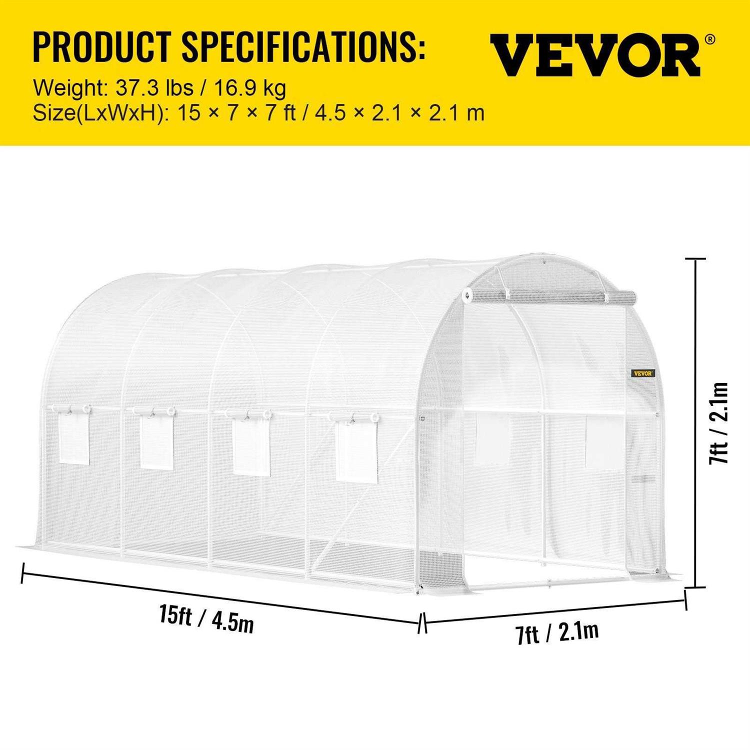 VEVOR Walk-in Tunnel Greenhouse 15 x 7 x 7 ft Portable Plant Hot House w/ Zippered Door