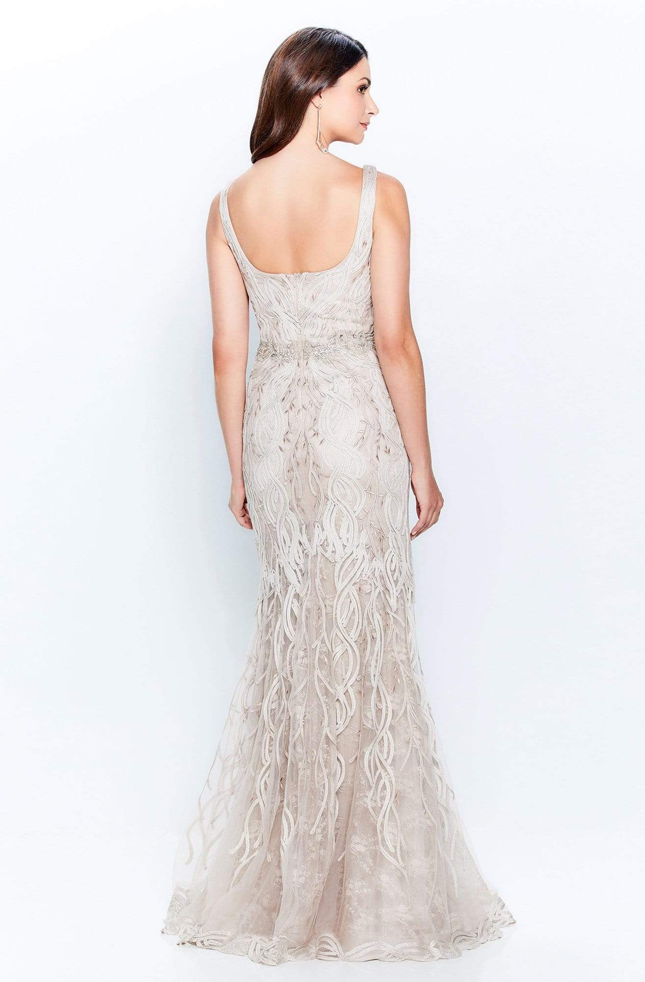 120921 Metallic Ribbon Plunging V-Neck Gown