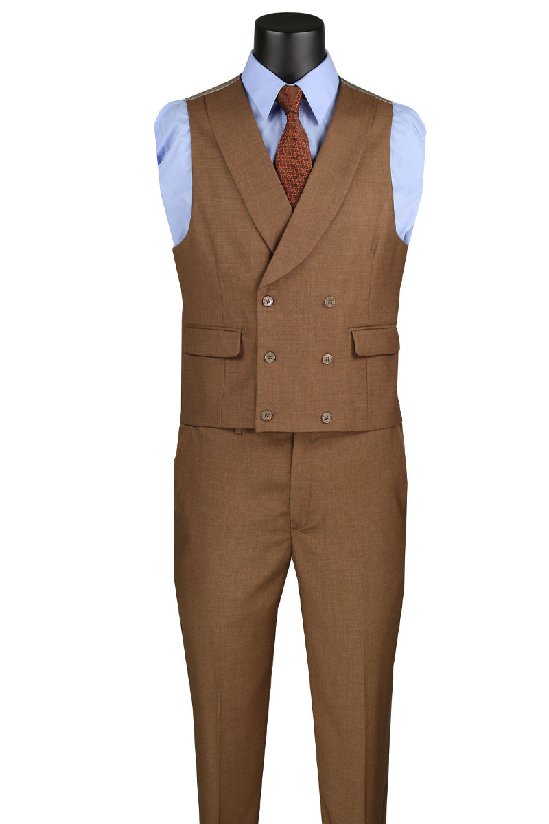 Men’s Summer Sharkskin Suit with Double Breasted Vest in Light Brown