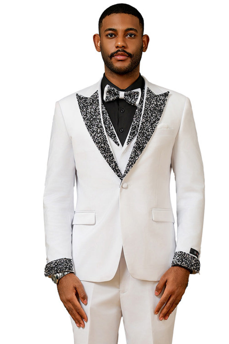 Men’s One Button Rhinestone Peak Lapel Vested Prom Tuxedo in White