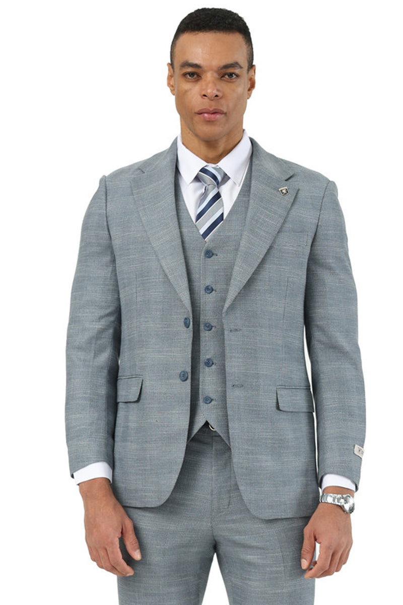 Men’s Stacy Adams Vested Sharkskin Pattern Business Suit in Light Grey