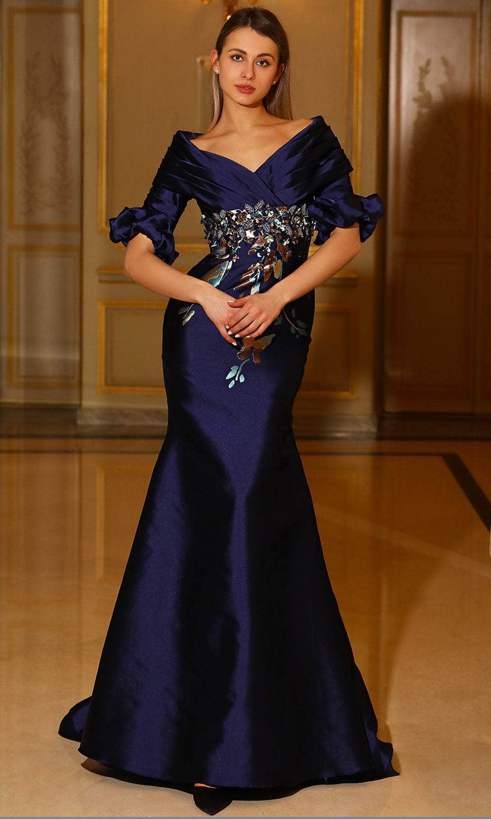 V-Neck 3/4 Sleeve Evening Gown