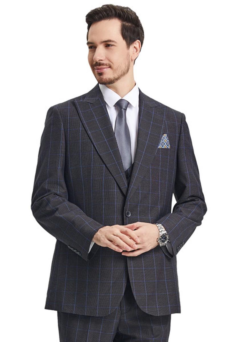 Men’s Stacy Adams Peak Lapel Charcoal Grey Windowpane Plaid Suit with a Scoop Neck Vest