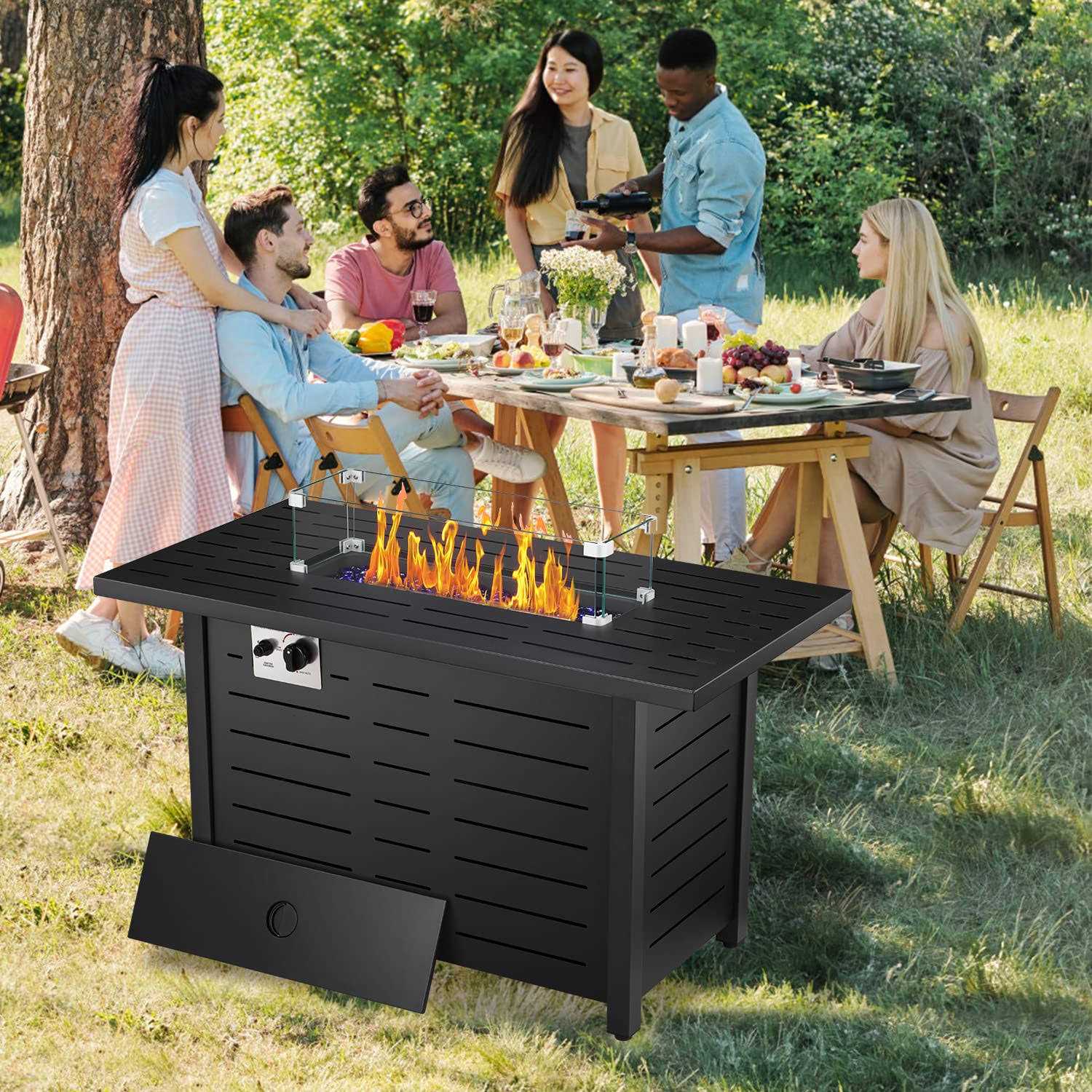 R.W.FLAME Fire Pit Table 43in Square Metal Firepits Propane with Lava Rocks