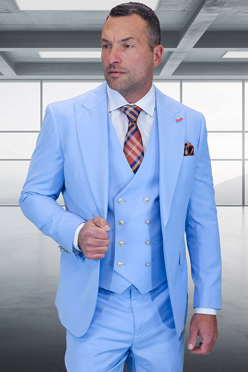 Men’s Designer Wool Vested One Button Peak Lapel Suit in Sky Blue with Gold Buttons