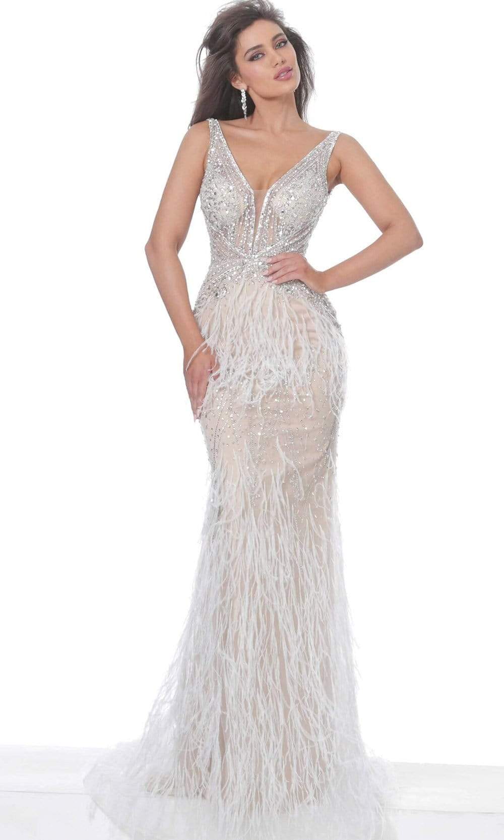 03023 Sheer Bodice Beaded Adorned Feather Fitted Evening Gown