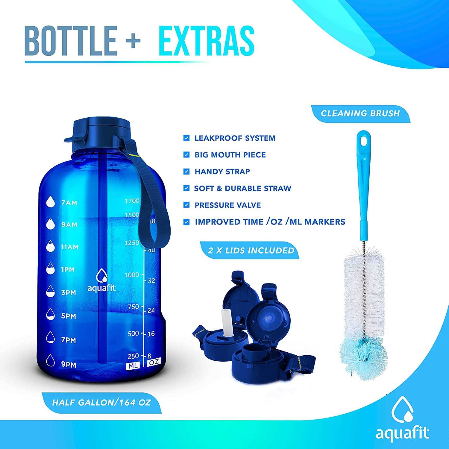 AQUAFIT Half Gallon Water Bottle With Time Marker 64 oz Water Bottle With Straw