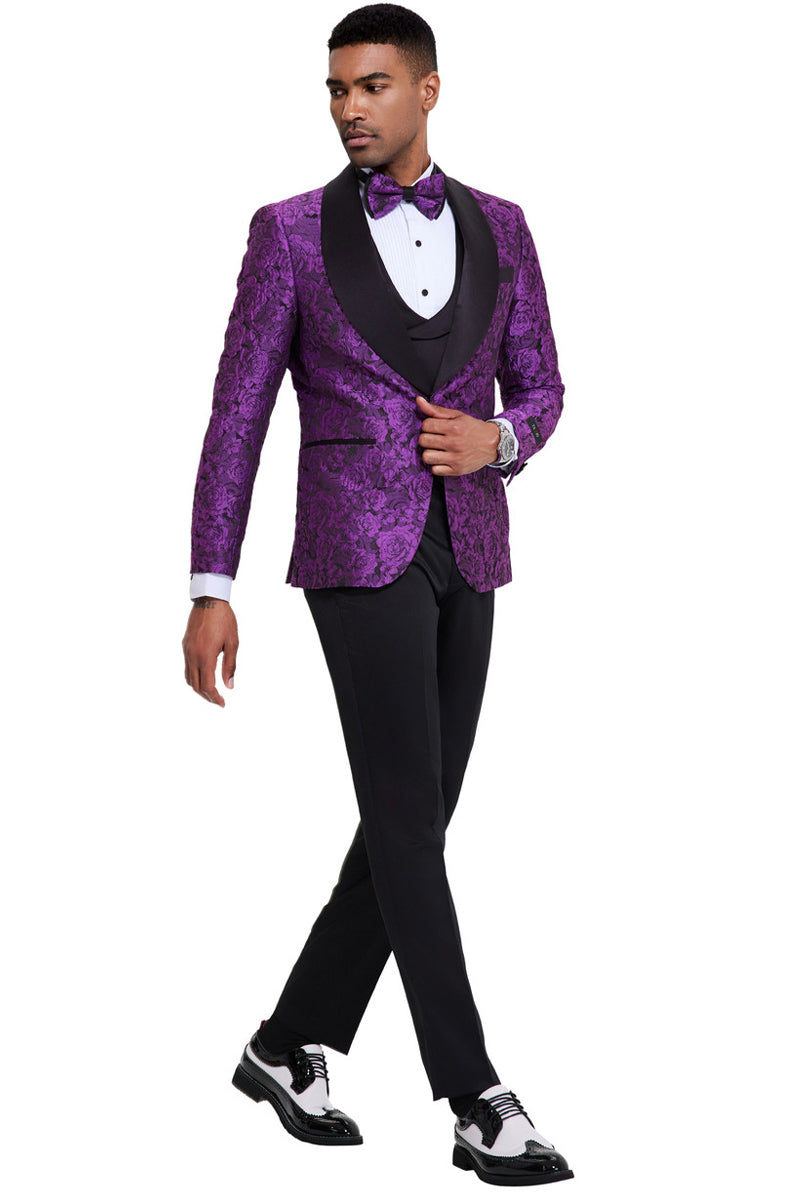 Men’s One Button Slim Fit Shiny Paisley Floral Vested Prom Tuxedo in Purple