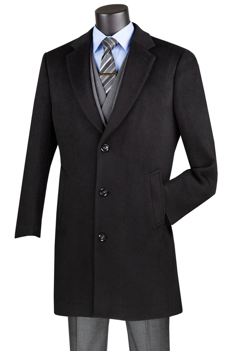 Men’s Short Length Wool & Cashmere Car Coat Overcoat in Black