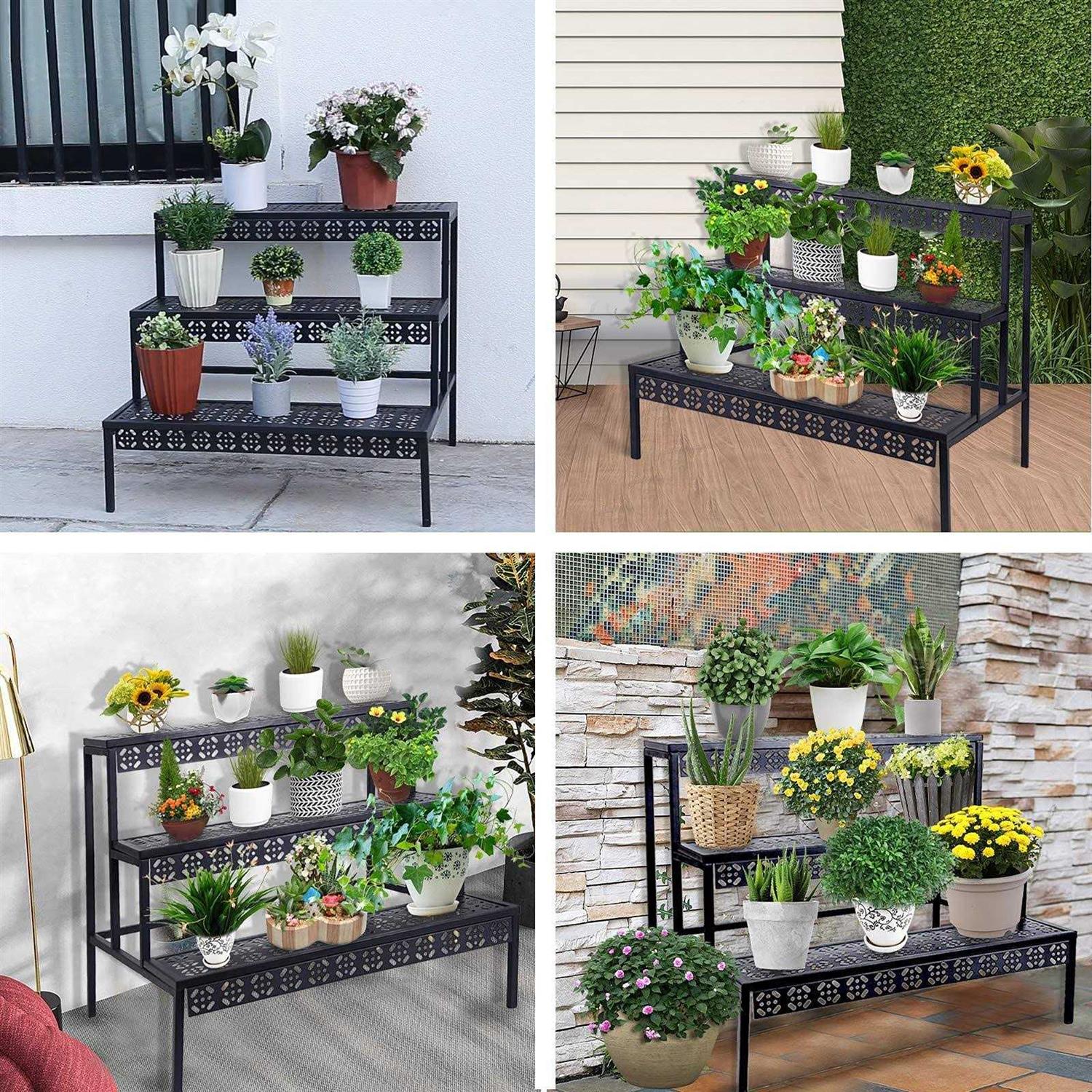 aboxoo 3 Tier Stair Style Large Metal Plant Stand Garden Display Shelf Flower Pot Holder Storage Organizer Rack for Indoor Home Outdoor Patio