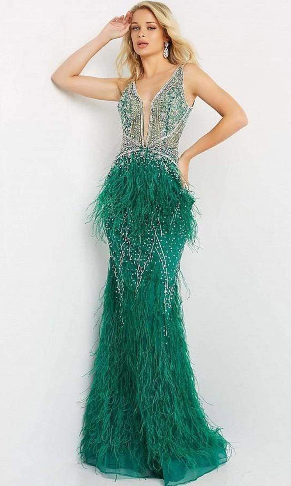 03023 Sheer Bodice Beaded Adorned Feather Fitted Evening Gown