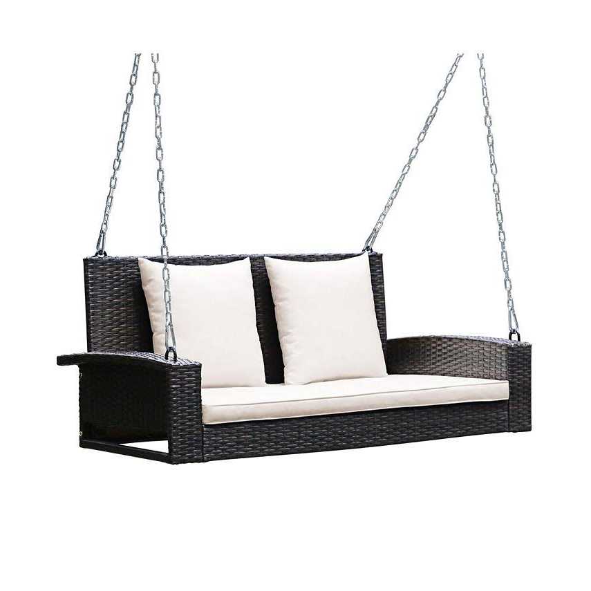 Costway 2-Person Patio Rattan Hanging Porch Swing Bench Chair Cushion