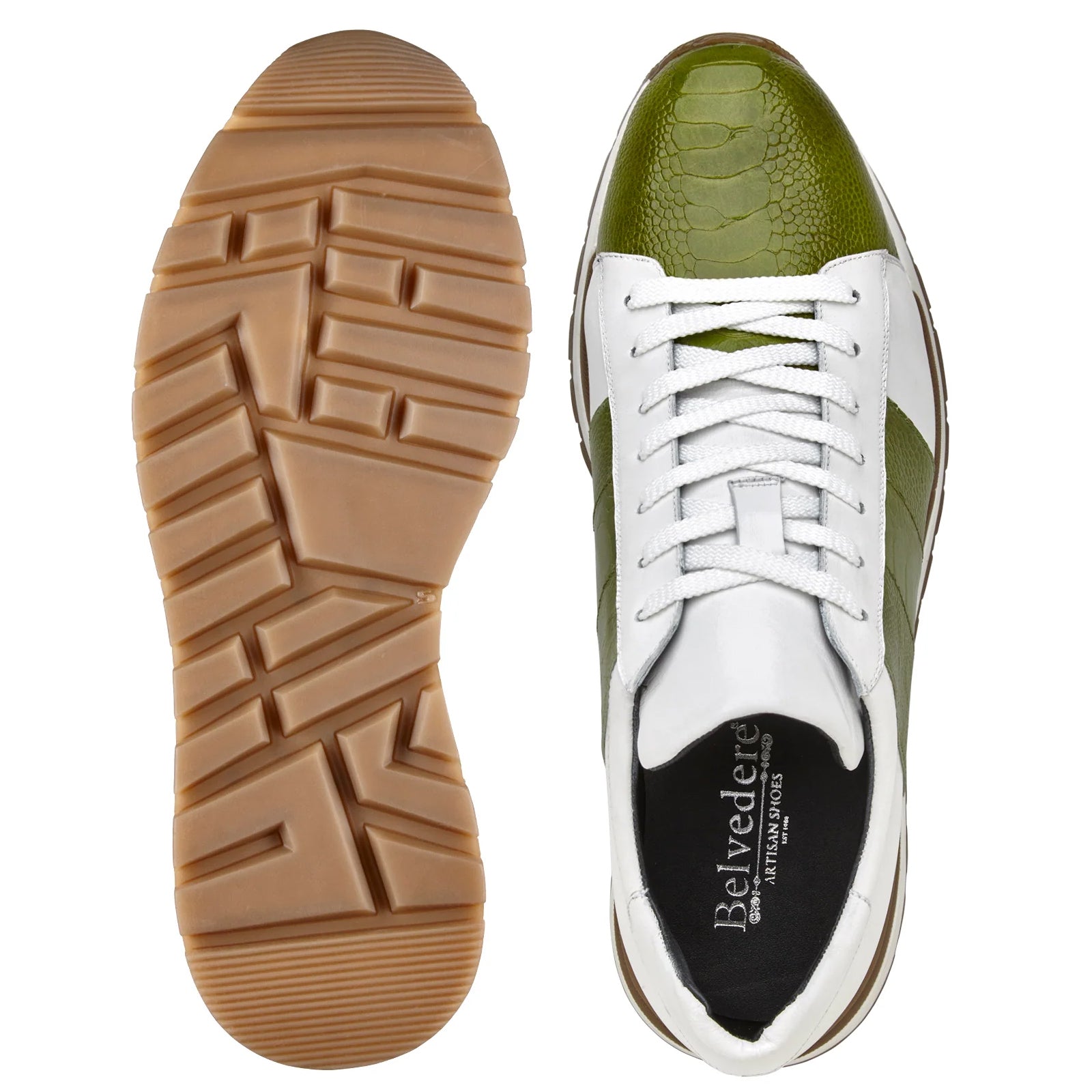 Men’s Belvedere Blake Calf & Ostrich Leg Dress Sneaker in Lime Green & White