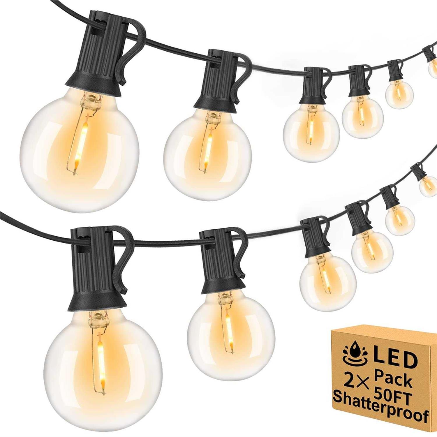 Arbrac 100ft 2-Pack Outdoor String Lights Waterproof with 52 LED Dimmable Shatterproof Bulbs