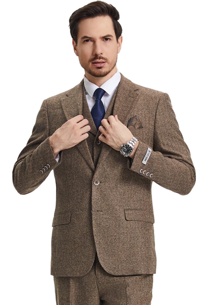 Men’s Stacy Adams Vested Vintage Herringbone Tweed Suit in Light Brown