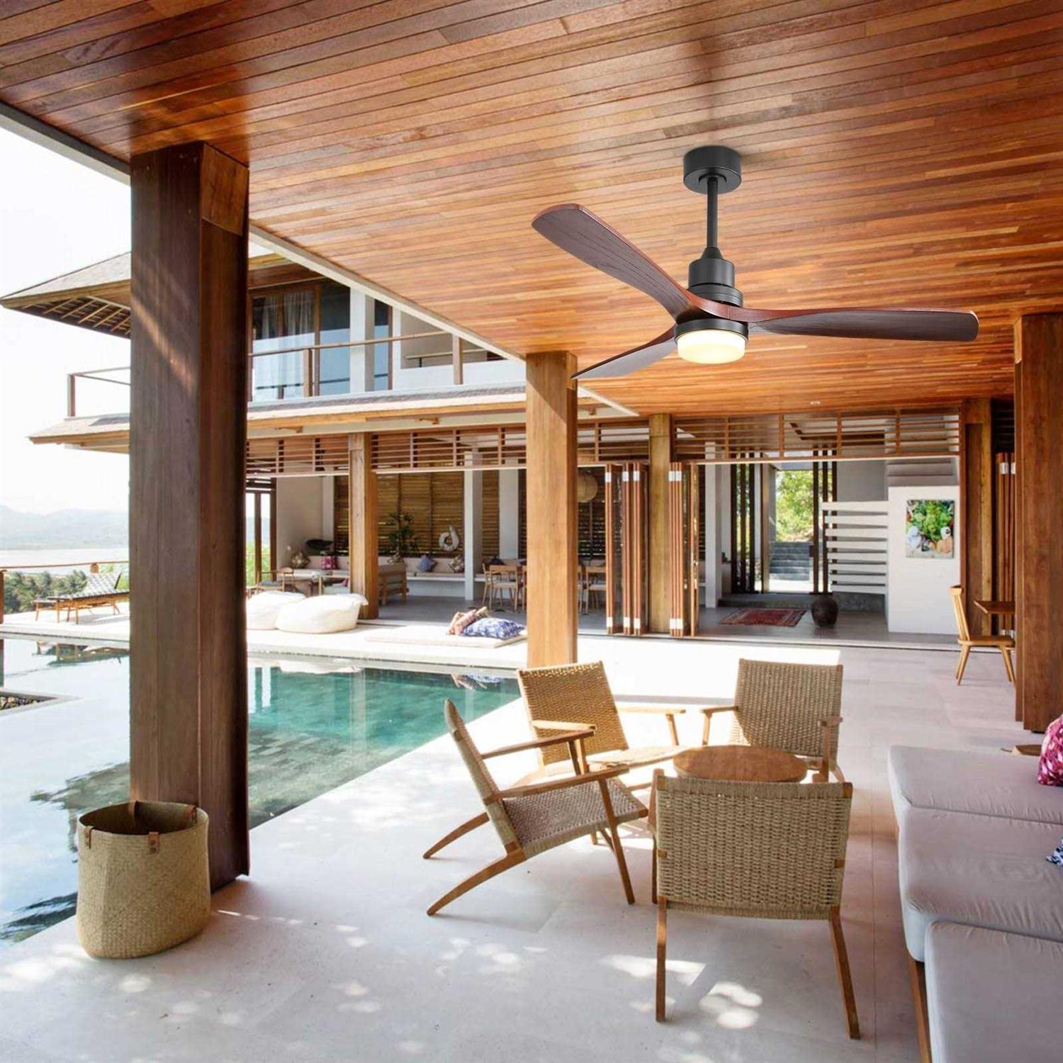 52 inch Indoor and Outdoor Downrod Solid Wood Ceiling Fan with Remote,Integrated Light Optional