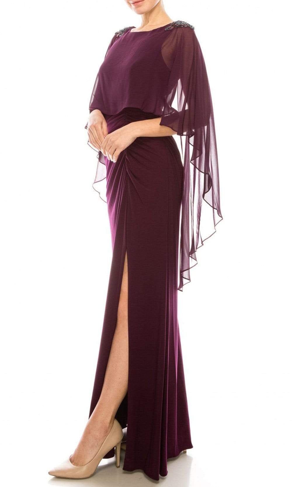AP1E206514 Ruched High Slit Sheer Cape Evening Dress