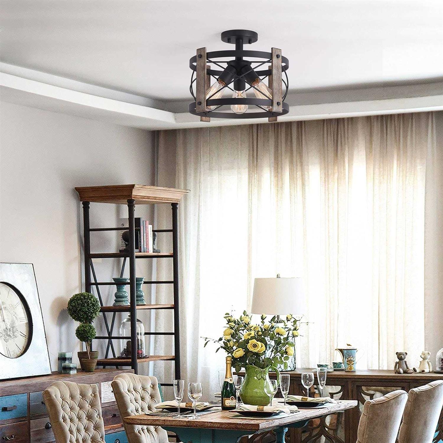 Bargeni Flush Mount Ceiling Light Fixture,13-inch Rustic Matte Black Finish,3-Light Farmhouse Light Fixtures for Living Room,Kitchen,Bedroom,Dining