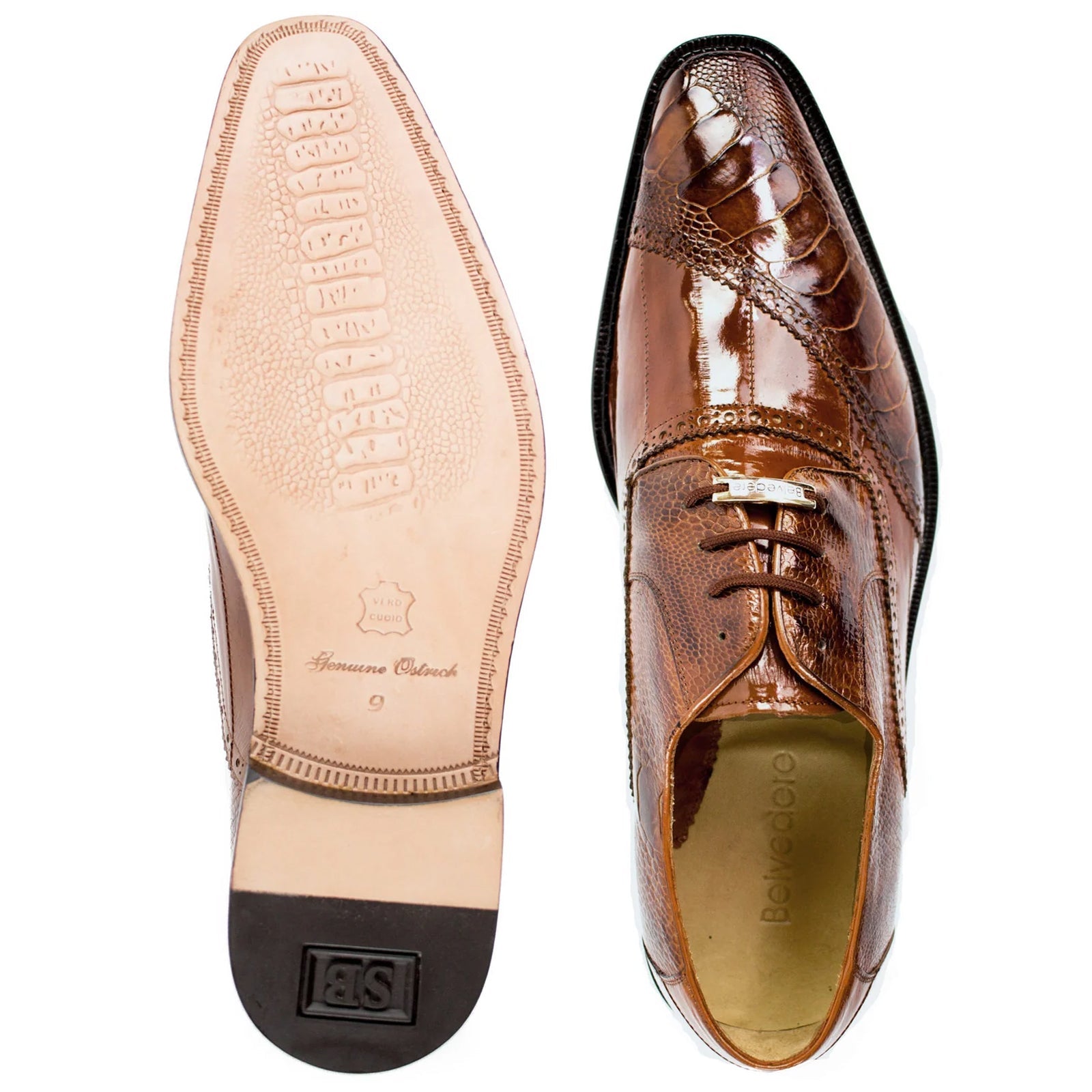 Men’s Belvedere Nino Slanted Wingtip Ostrich Leg & Eel Dress Shoe in Camel