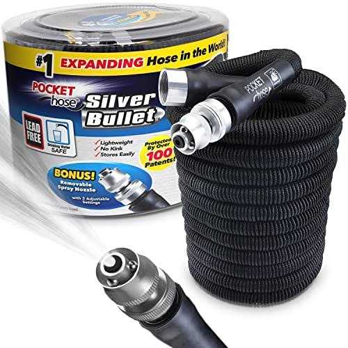 Bulbhead Pocket Hose Silver Bullet 75 ft Turbo Shot Nozzle Multiple Spray Patterns Expandable Garden Hose 3/4 in Solid Aluminum Fittings Lead-Free