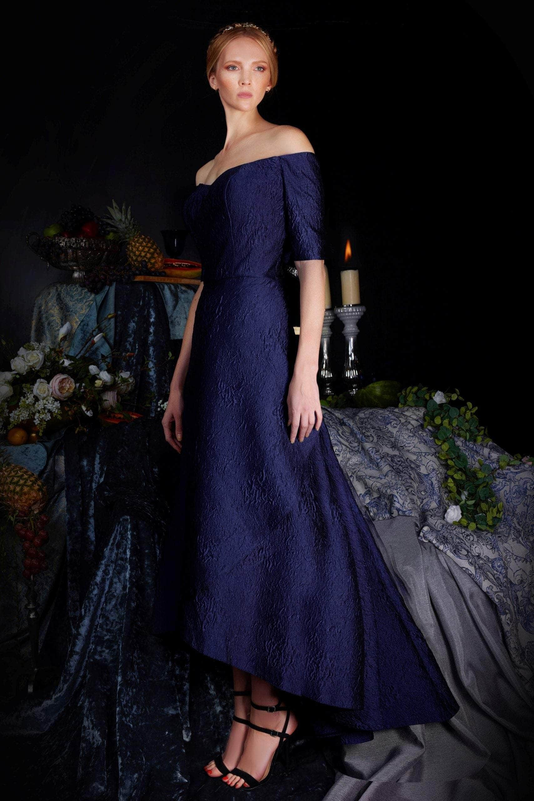 61022 Off Shoulder Jacquard High Low A-line Dress