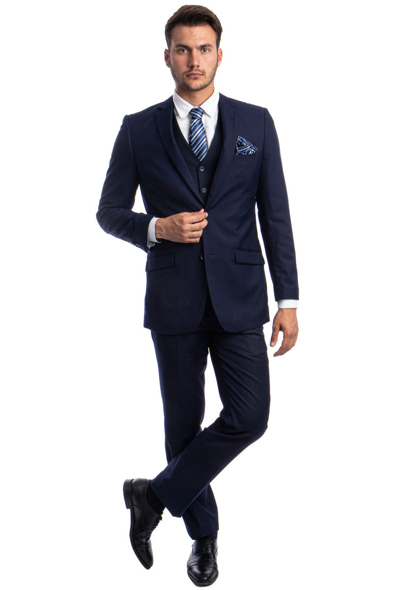 Men’s Two Button Basic Hybrid Fit Vested Suit in Navy Blue
