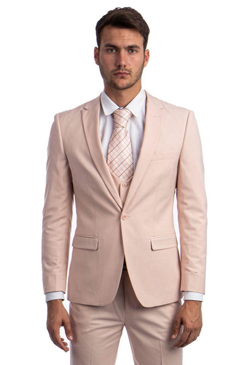 Men’s One Button Peak Lapel Skinny Wedding & Prom Suit with Lowcut Vest in Blush Pink