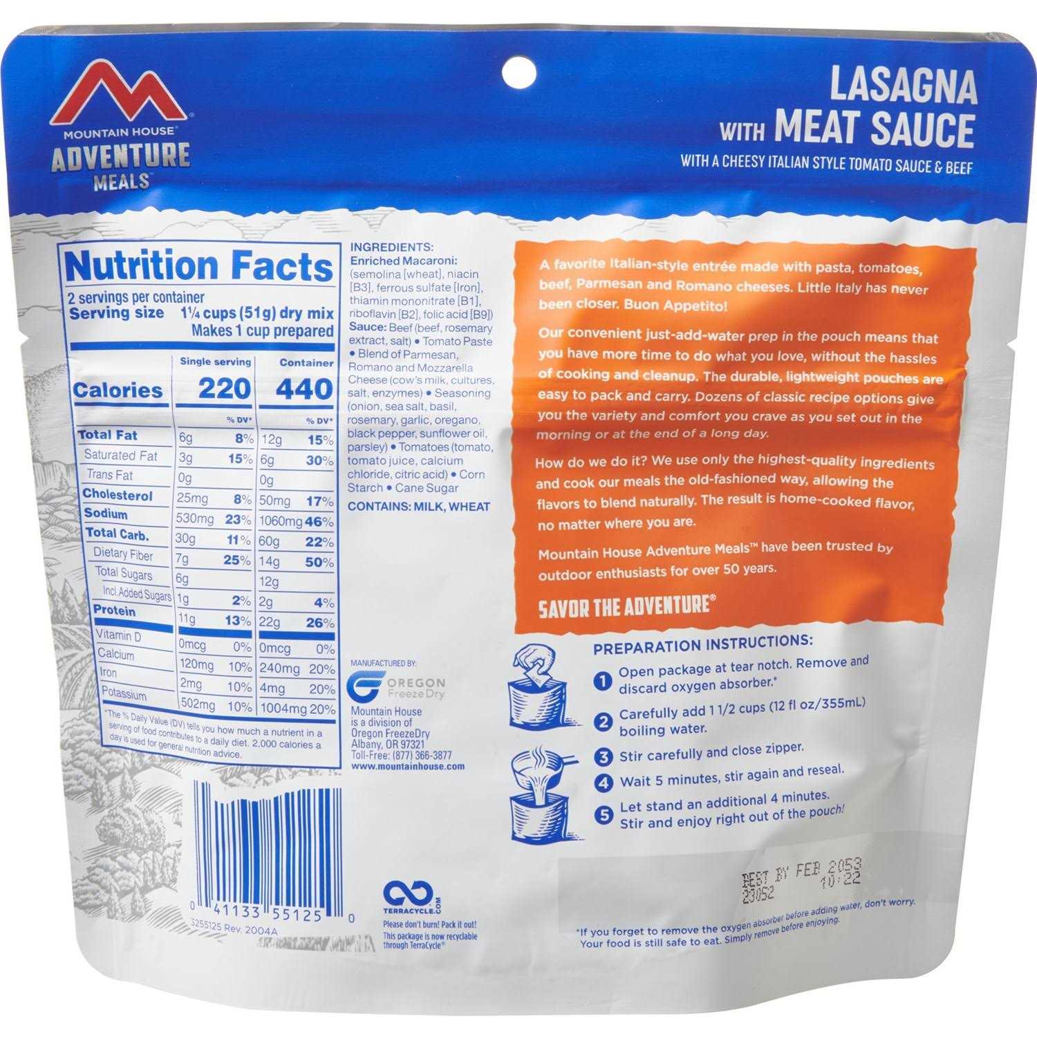 Mountain House Lasagna with Meat Sauce