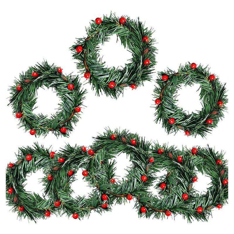 8 Pcs Holly Berry Candle Ring Small Artificial Red Berries Pine Needles Wreath F